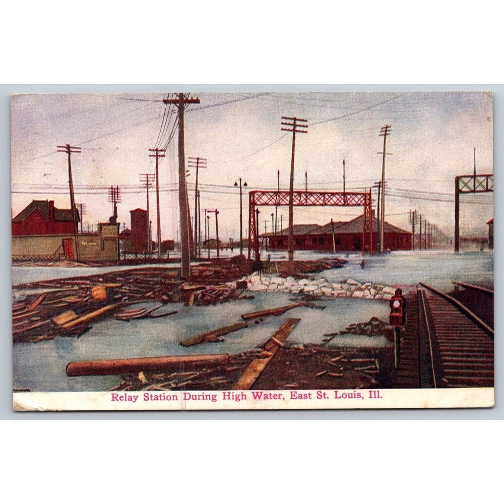 1911 Relay station During High Water Flood Postcard East St. Louis IL Railroad